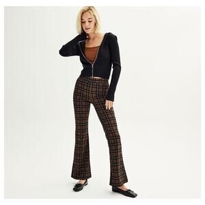 Retro High Rise Plaid Flare Pants Brown Black Ponte Knit Retro Y2K Size Medium